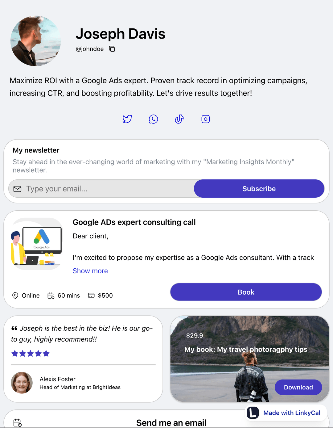 LinkyCal user page screenshot